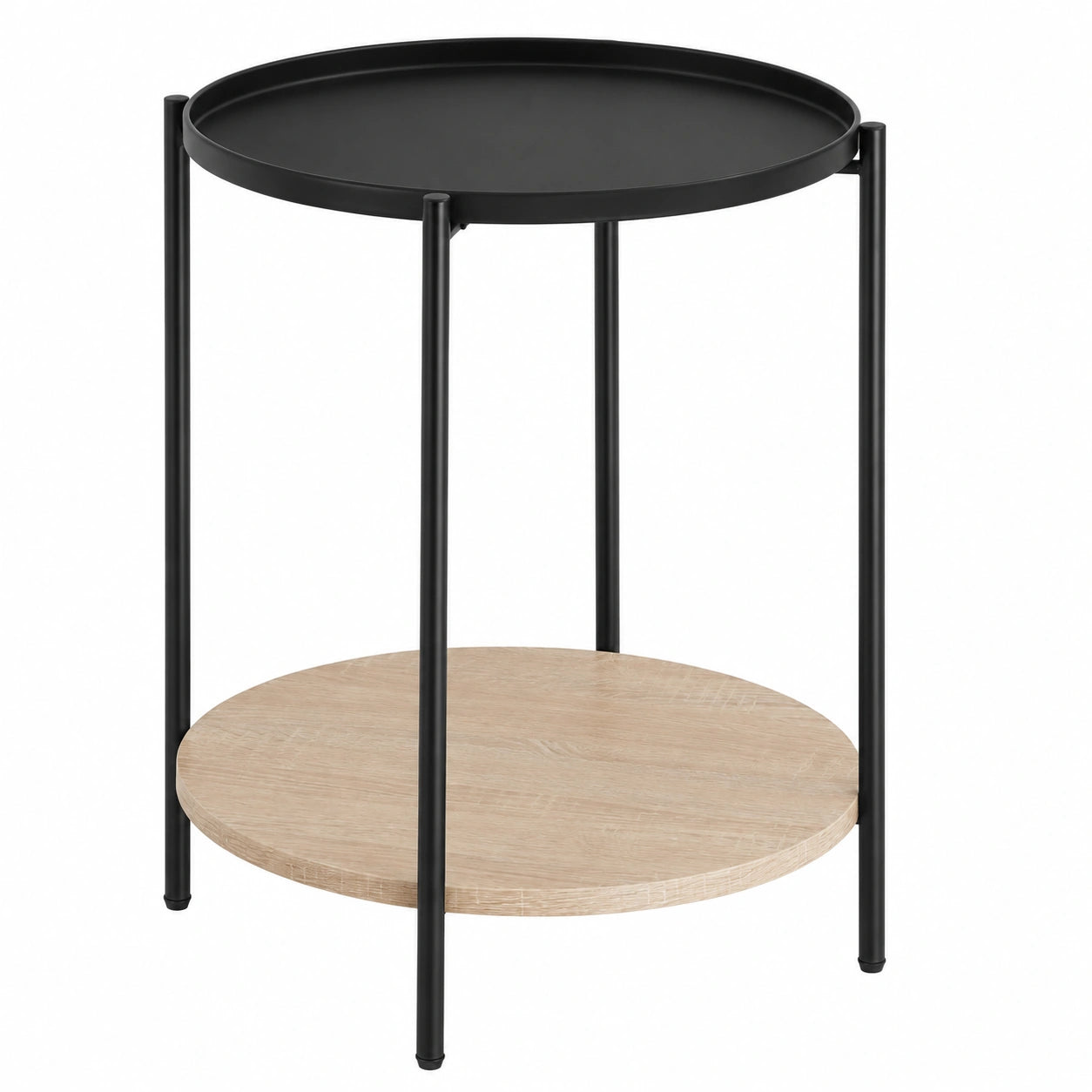 Runder Beistelltisch aus Metall und Holz mit abnehmbarem Tablett, 2-stufiger Stauraum - Industrial Design, Sonoma Eiche