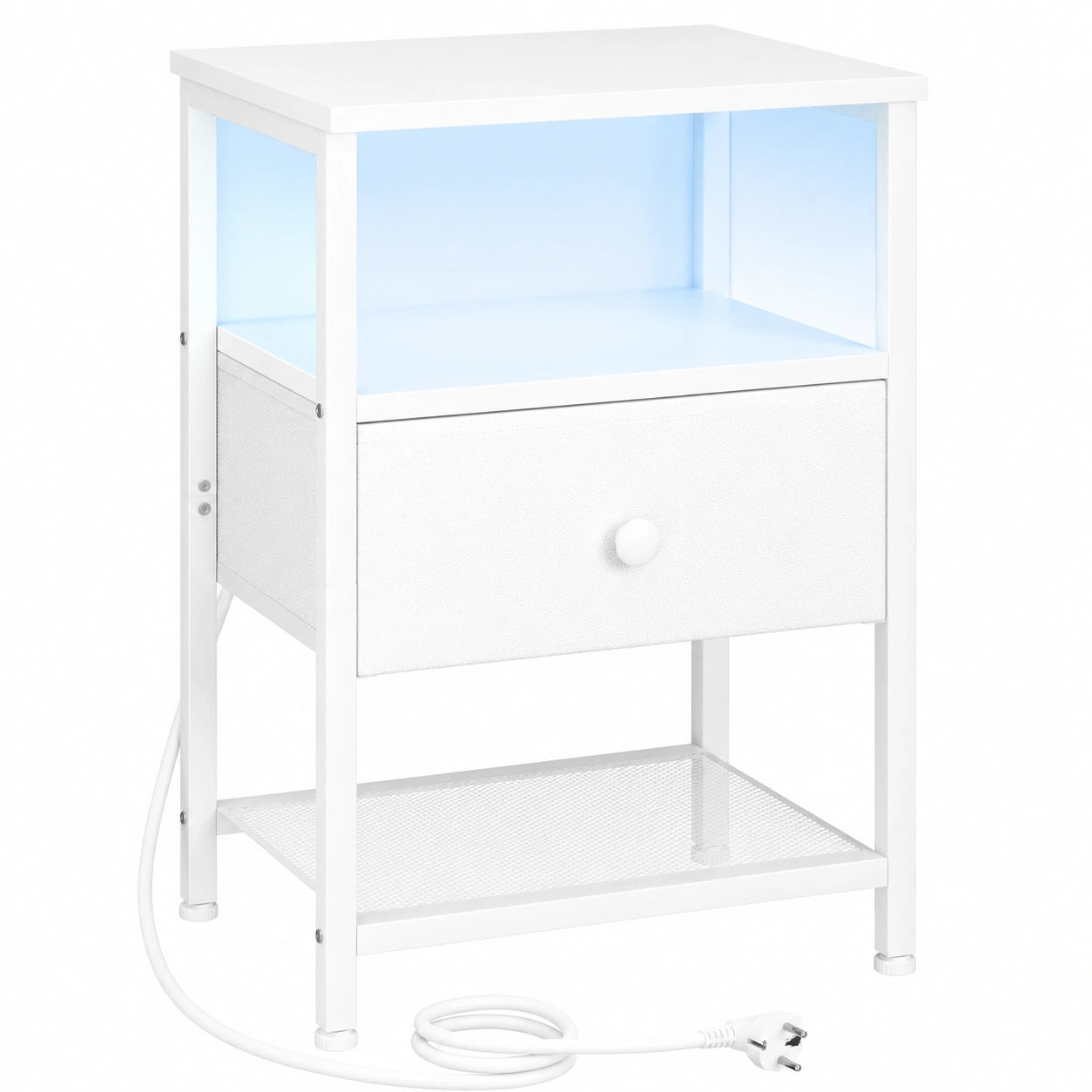 Moderner Nachttisch mit USB-Ladefunktion und LED, Beistelltisch mit Stoffschubladen und Regal, Holz-Nachtschrank für Schlafzimmer und Wohnzimmer, Weiß