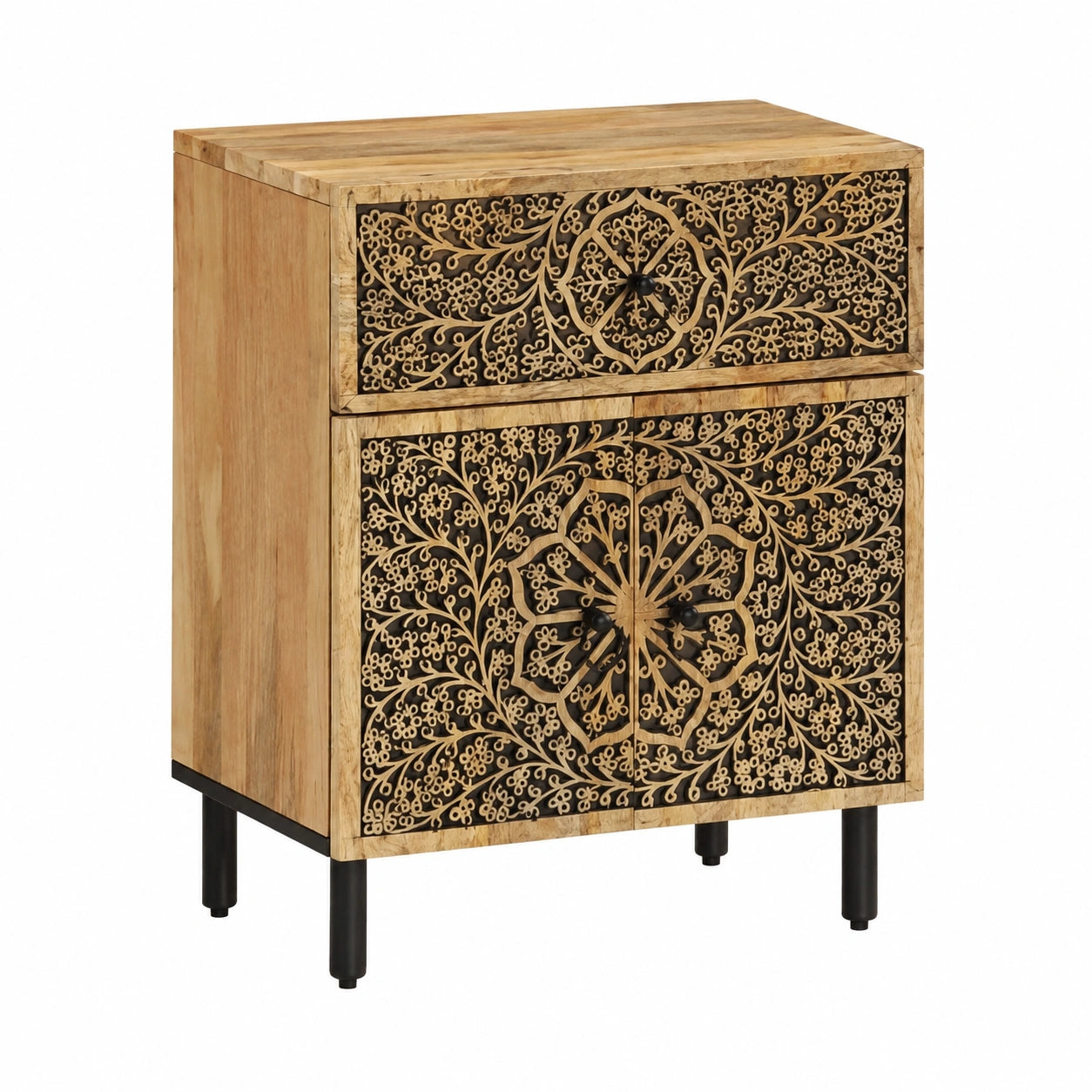 Nachttisch Mangoholz 50x33x60 cm mit Schublade & Türen, Eisenbeine, Retro Blumen-Schnitzerei