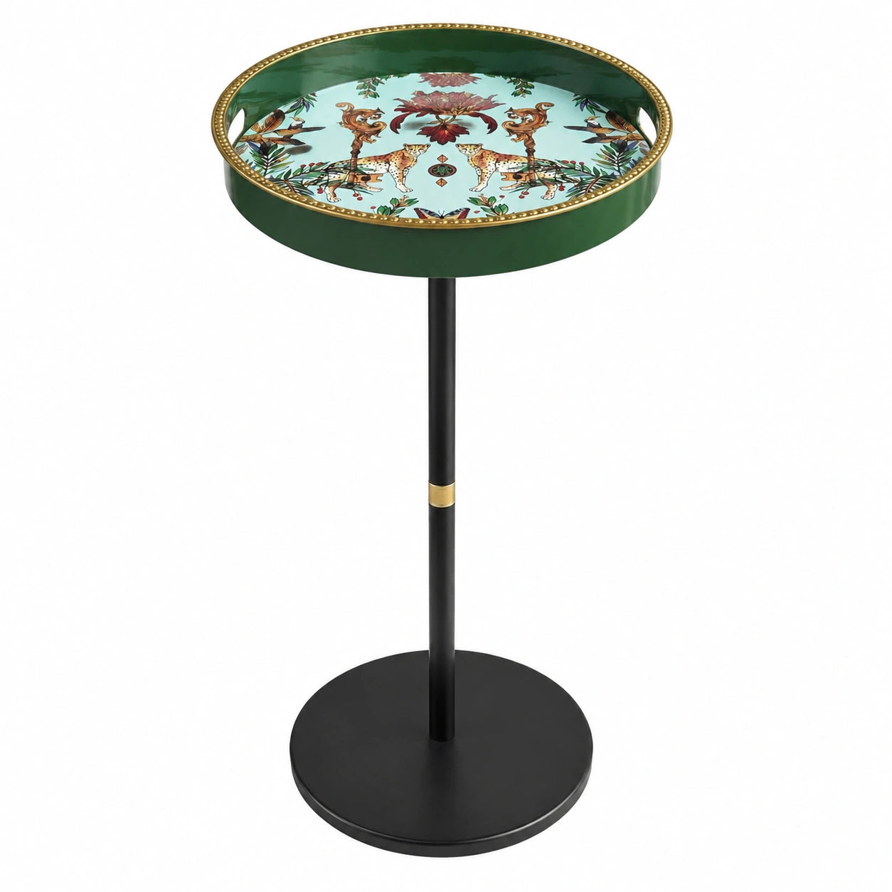 Runder Beistelltisch im Boho-Stil mit abnehmbarem Tablett, ideal für kleine Räume, Wohnzimmer und Büro, Design: Grüner Leopard