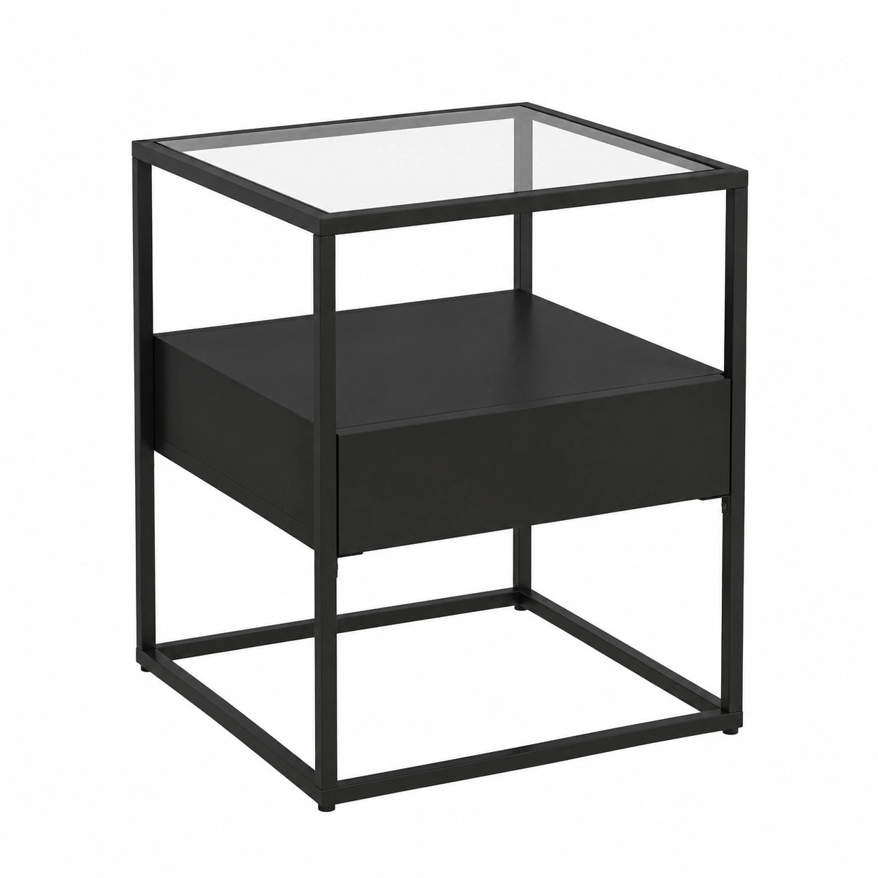 Moderner Beistelltisch mit Schublade, quadratisch, Glasplatte, Schwarz