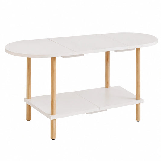 Aibiju Ovaler Couchtisch aus Holz, Weiß, Modernes Design, 2-stufig, Kompakt für Wohnzimmer