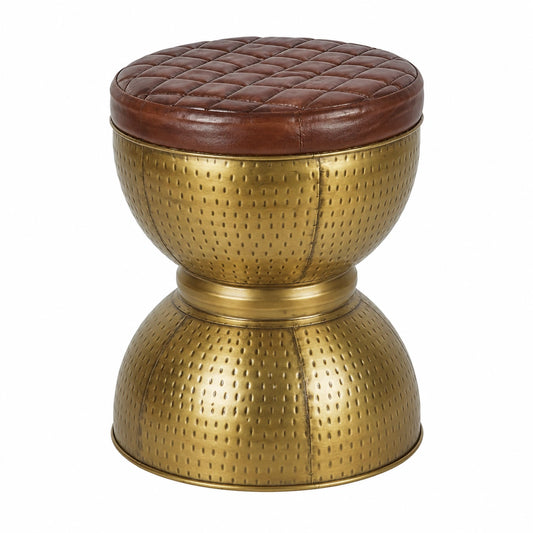 Goldener und Brauner Beistelltisch aus Leder und Metall, 40x40x48 cm