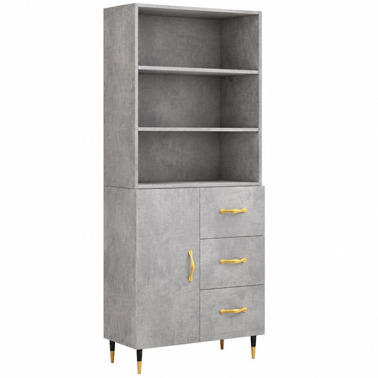 Homgoday Highboard aus Sperrholz, Betongrau, 69,5 x 34 x 180 cm, Esszimmer- und Küchenschrank