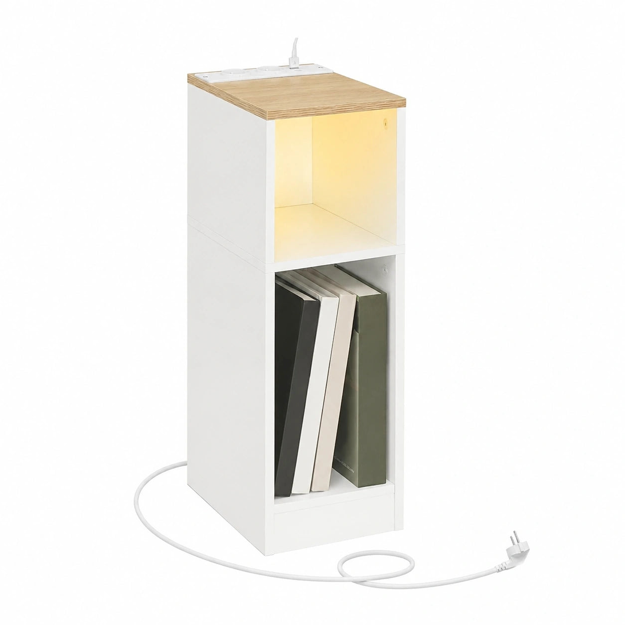 MAHANCRIS Nachttisch-Set mit Ladestation und LED-Licht, 2er-Set, für kleine Räume, Braun/Weiß