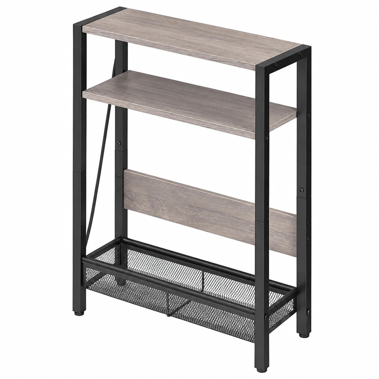 CHOEZON Schmaler Beistelltisch mit Ladestation, 3 Ebenen, Nachttisch aus Holz und Metall, für kleine Räume, Greige/Schwarz