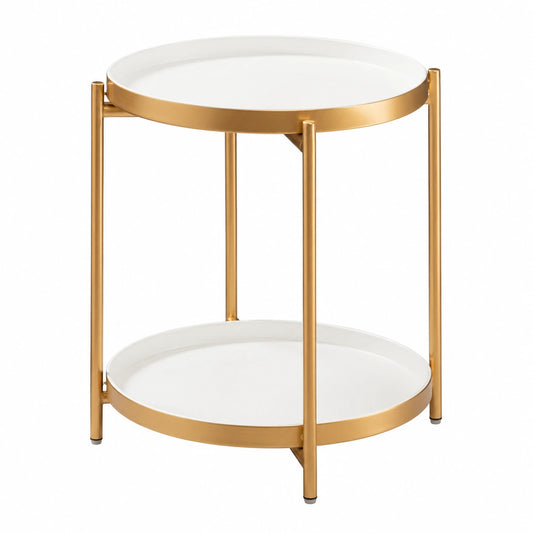 Runder Metall-Beistelltisch mit abnehmbarem Tablett, klappbarer Nachttisch, rostfrei, für Schlafzimmer und Garten, Gold-Weiß