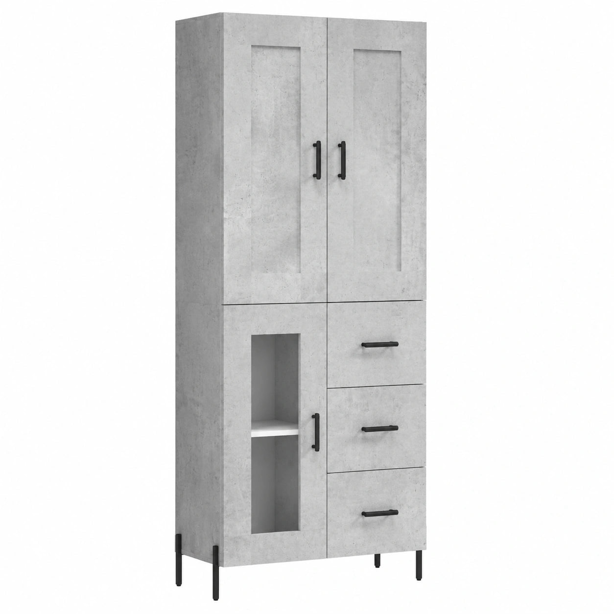 Modernes Hohes Sideboard aus Sperrholz in Betonoptik, Grau, 69,5 x 34 x 180 cm, Geeignet als Küchenschrank oder Buffet