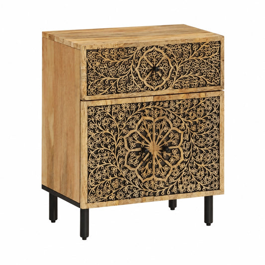 Nachttisch Mangoholz 50x33x60 cm mit Schublade & Türen, Eisenbeine, Retro Blumen-Schnitzerei