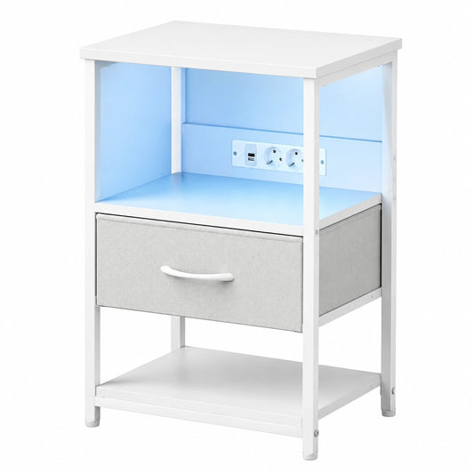 Moderner Nachttisch mit LED-Beleuchtung und Steckdose, Stoffschublade und offenes Regal, ideal für kleine Räume, Weiß, 40x30x60 cm