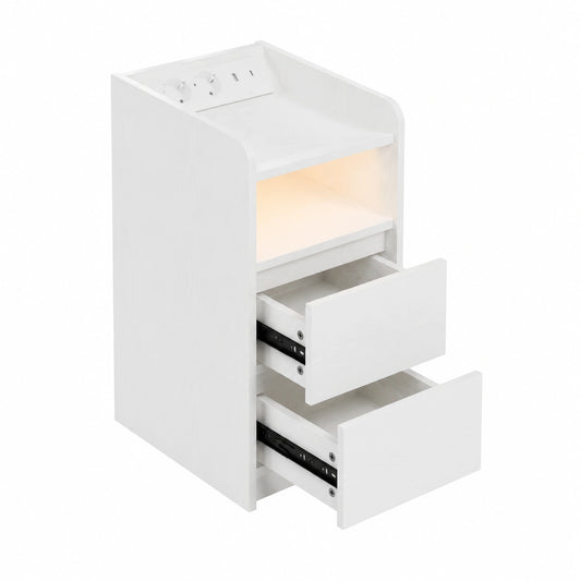 IRONCK Beistelltisch mit LED und Ladestation, Schmales Design mit Ablagefach, Perfekt für Schlafzimmer und Wohnzimmer, Weiß