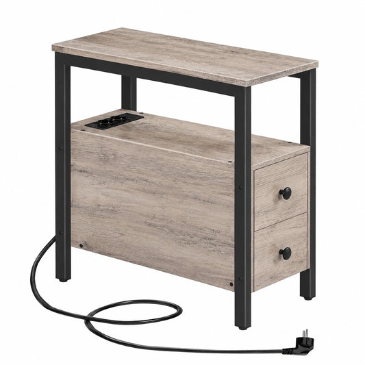 HOOBRO Nachttisch mit Ladefunktion, Sofatisch mit USB-Anschluss, 2 Schubladen und Steckdose, Platzsparend und Stabil, für Wohnzimmer und Schlafzimmer, Greige