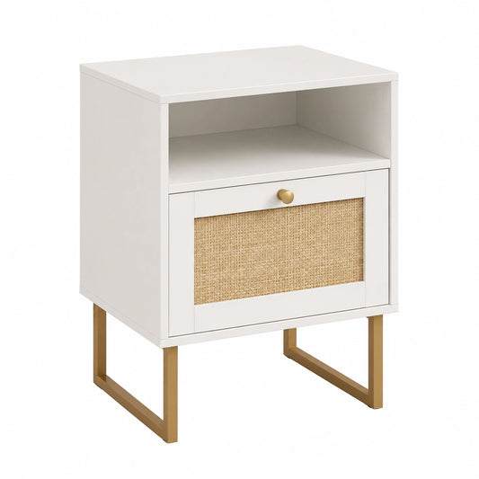 Moderner Boho-Nachttisch aus Holz mit Schublade und Rattan-Design, kleiner Beistelltisch mit goldenem Gestell für Schlaf- und Wohnzimmer, Weiß