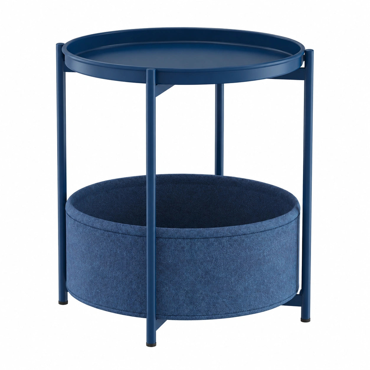Runder Beistelltisch aus Metall, Zweistufiger Sofatisch mit Stoffkorb, Blauer Couchtisch für Wohnzimmer und Terrasse