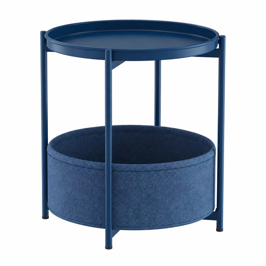 Runder Beistelltisch aus Metall, Zweistufiger Sofatisch mit Stoffkorb, Blauer Couchtisch für Wohnzimmer und Terrasse