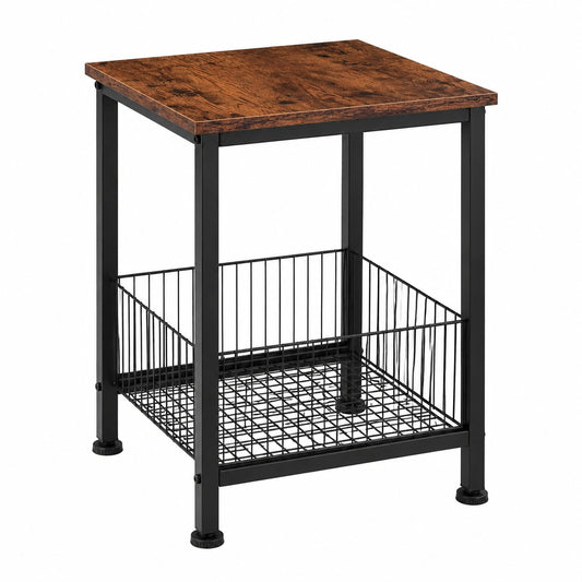 Industrieller Beistelltisch mit Stauraum und Gitterkorb, Couchtisch aus dunklem Holz, rustikales Design