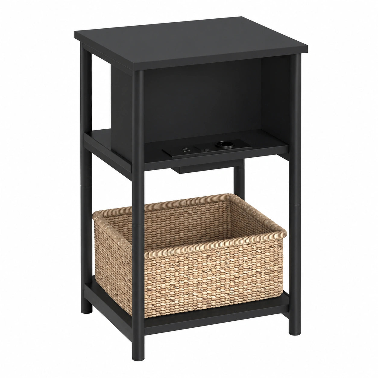 VASAGLE Schmaler Beistelltisch mit Steckdosen und USB-Anschlüssen, 30x34x58 cm, für Wohnzimmer und Schlafzimmer, schwarz