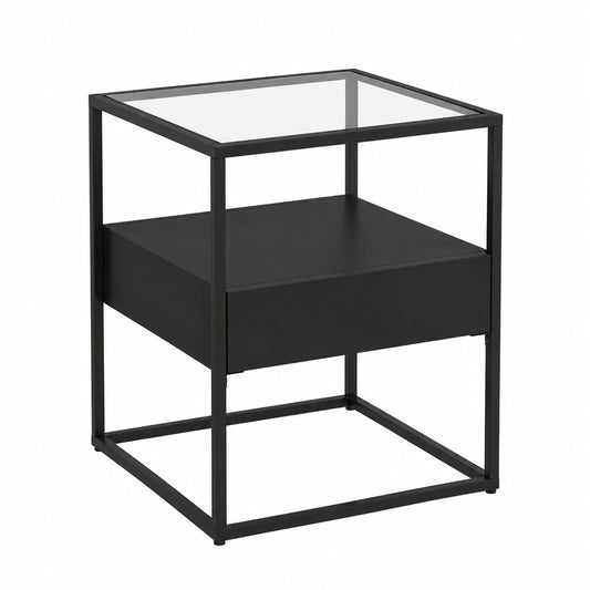 Moderner Beistelltisch mit Schublade, quadratisch, Glasplatte, Schwarz
