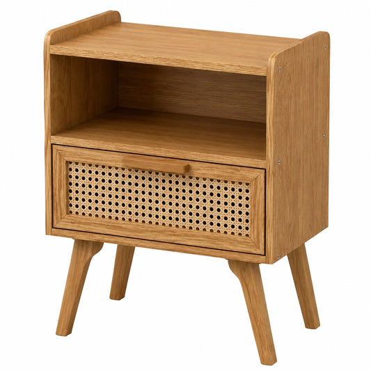 Moderner Rattan-Nachttisch mit Schublade und Regal, Massivholz-Beine, Teebraun