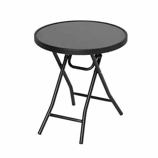 Runder Klapptisch aus Metall und Glas, Ø46cm, wetterfester Balkontisch für Garten und Terrasse, Schwarz