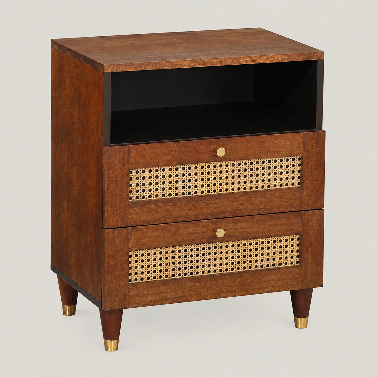 Moderner Nachttisch aus Mangoholz mit Schubladen und Regal, 50x33x62 cm, Braun