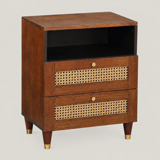 Moderner Nachttisch aus Mangoholz mit Schubladen und Regal, 50x33x62 cm, Braun